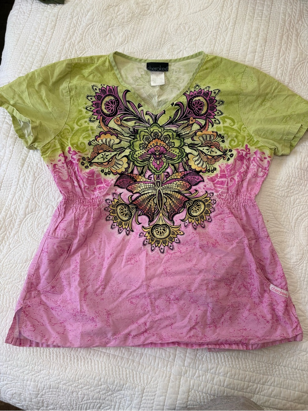 Cherokee Women’s Green and Pink V-Neck scrub